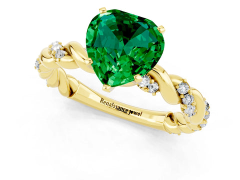 Yellow gold Heart Cut Emerald Solitaire Ring with Twisted Band and Pavé Accents_1