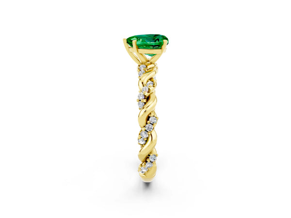 Yellow gold Heart Cut Emerald Solitaire Ring with Twisted Band and Pavé Accents