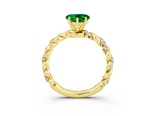 Yellow gold Heart Cut Emerald Solitaire Ring with Twisted Band and Pavé Accents