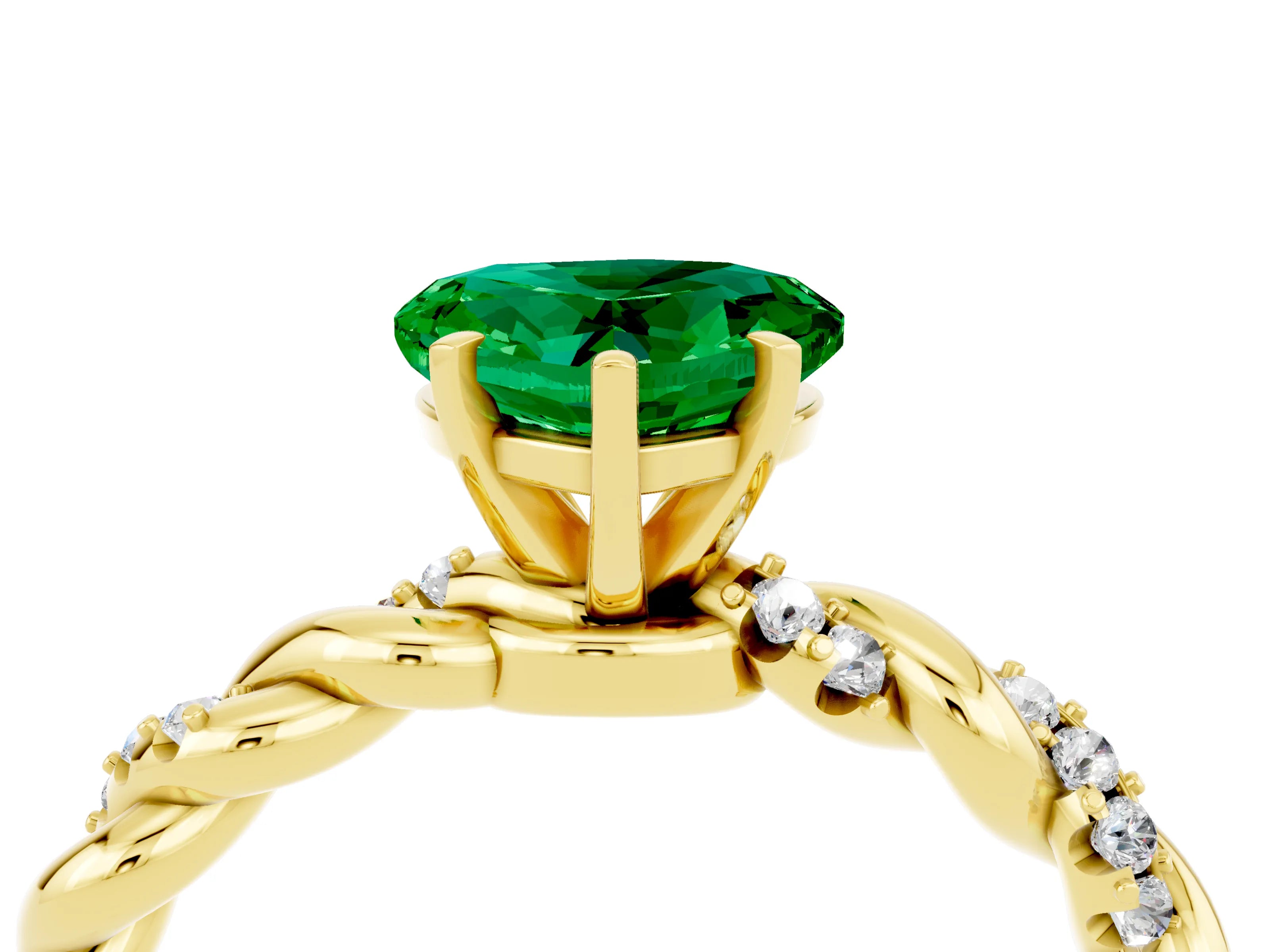 Yellow gold Heart Cut Emerald Solitaire Ring with Twisted Band and Pavé Accents_4