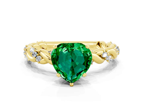 Yellow gold Heart Cut Emerald Solitaire Ring with Twisted Band and Pavé Accents