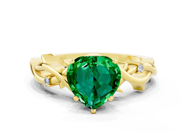 Yellow gold Heart Cut Emerald Solitaire Ring with Twisted Band and Prong Setting
