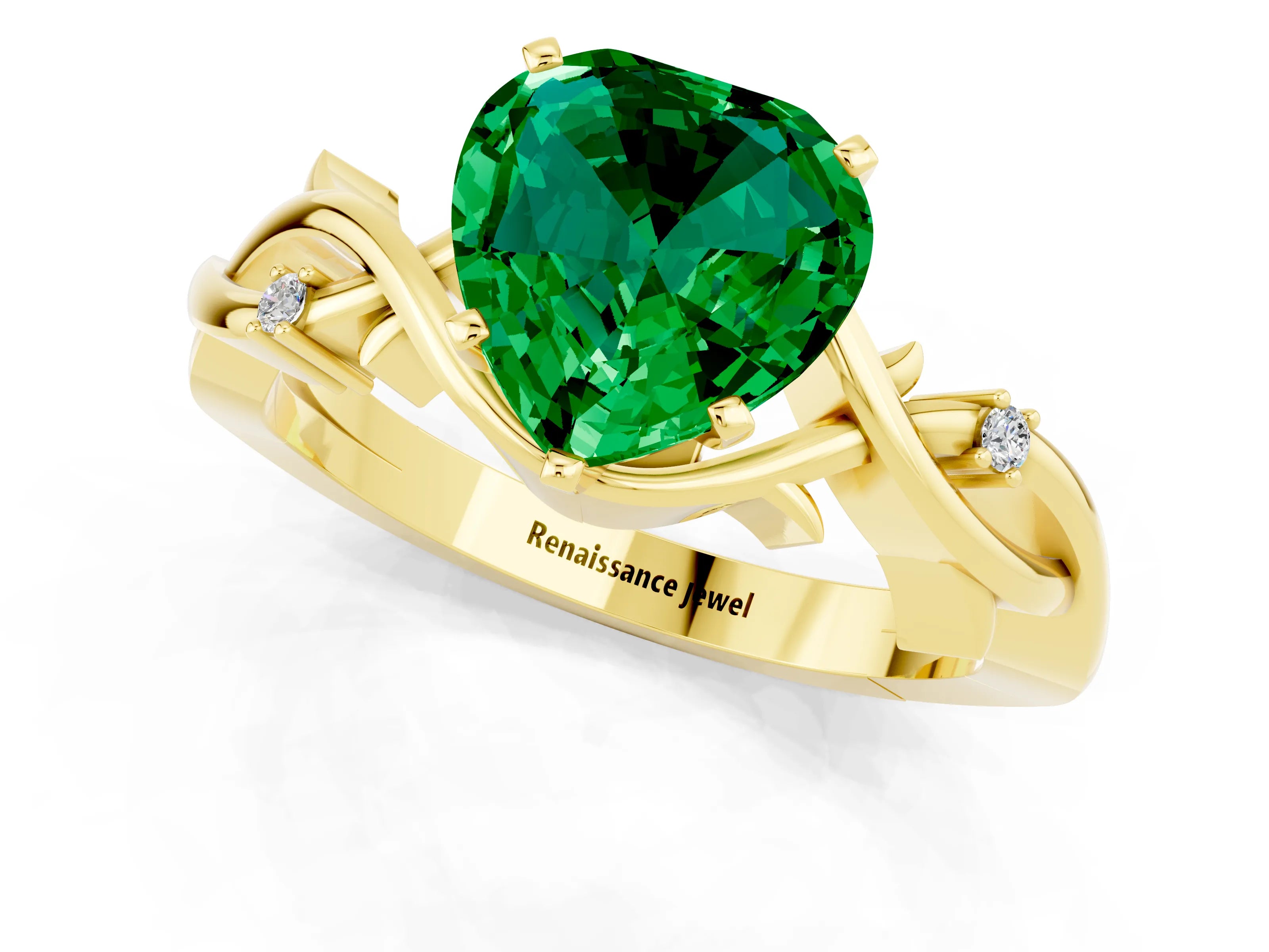 Yellow gold Heart Cut Emerald Solitaire Ring with Twisted Band and Prong Setting_1