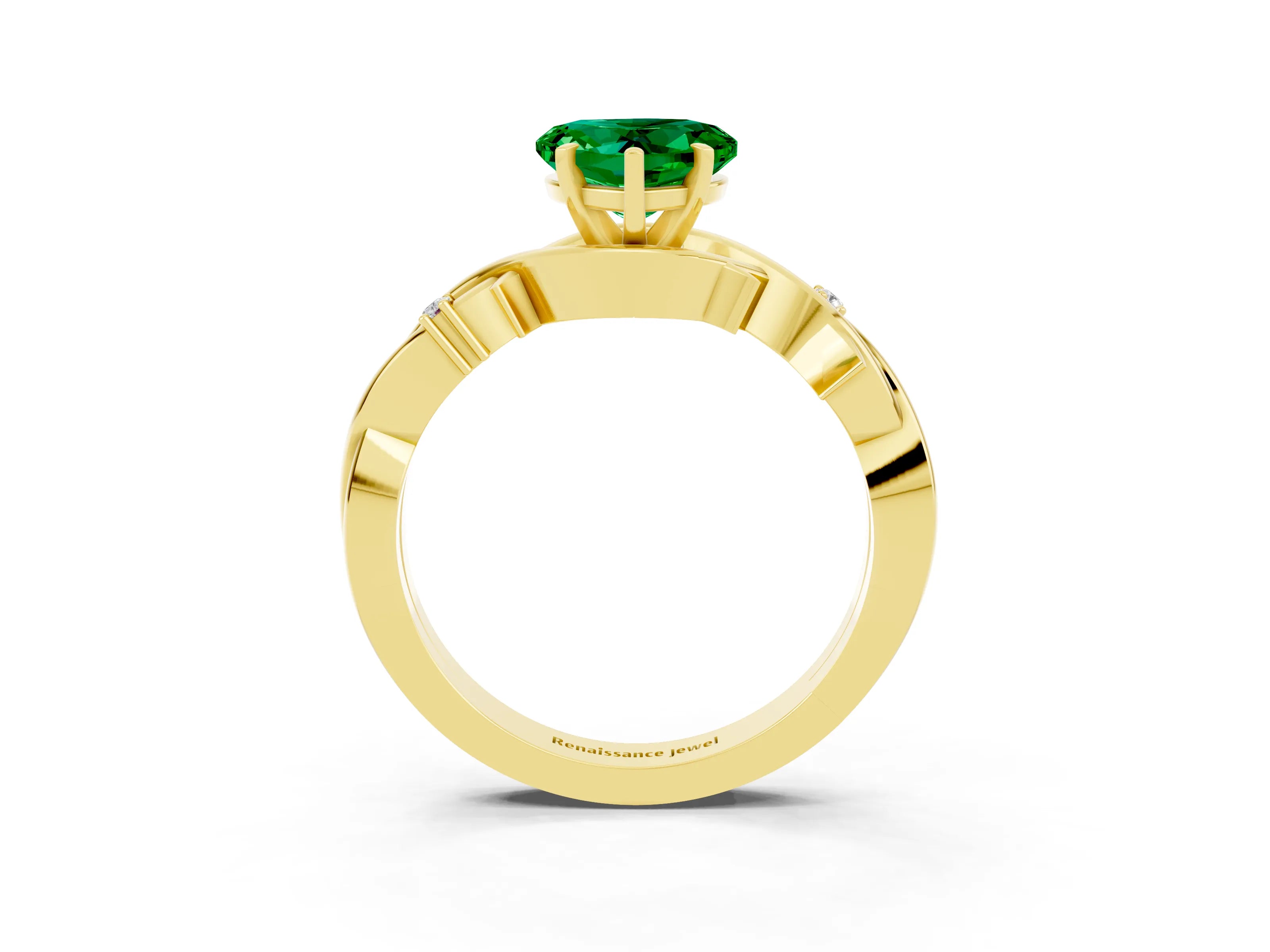 Yellow gold Heart Cut Emerald Solitaire Ring with Twisted Band and Prong Setting_3