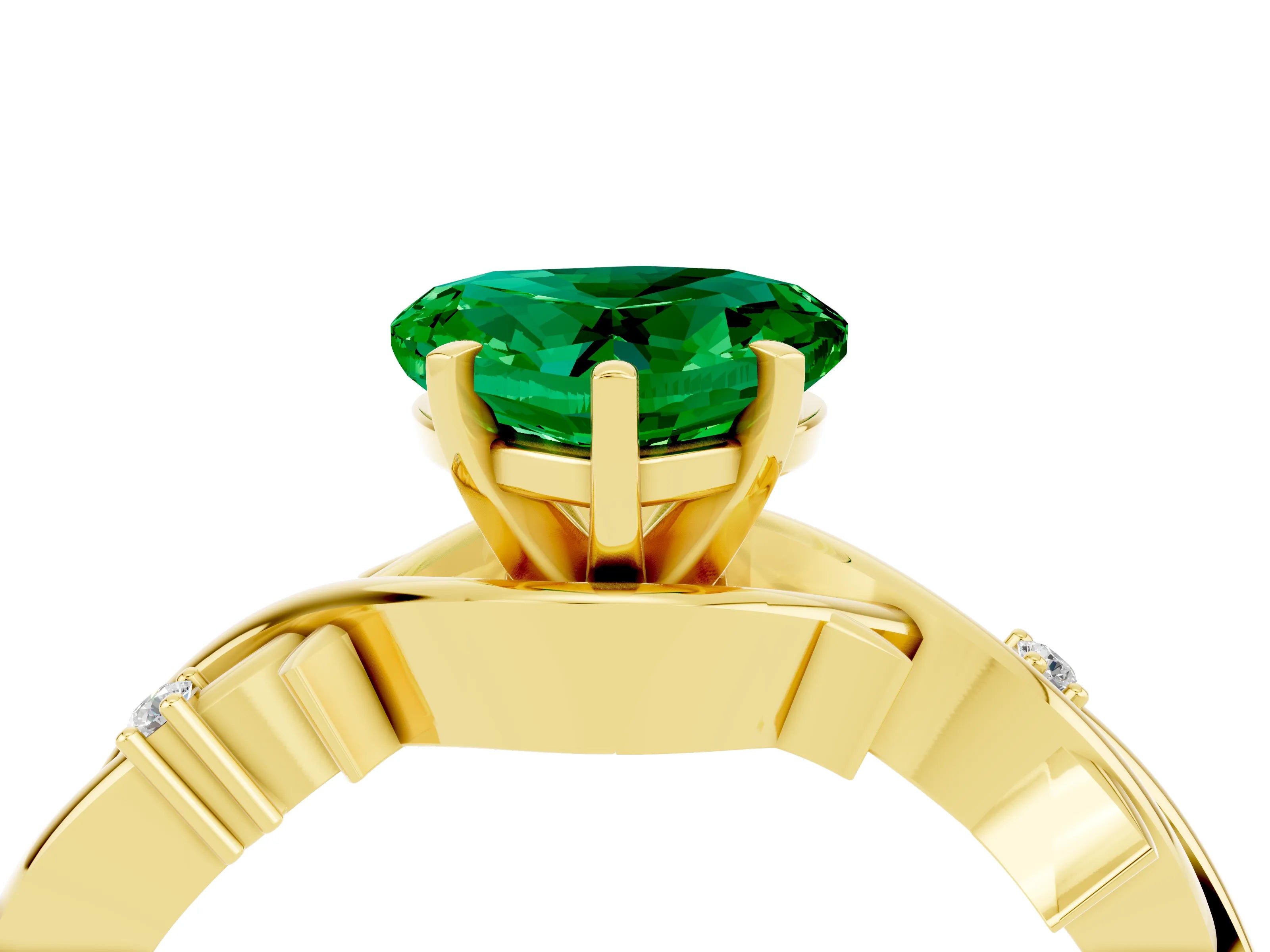 Yellow gold Heart Cut Emerald Solitaire Ring with Twisted Band and Prong Setting_4