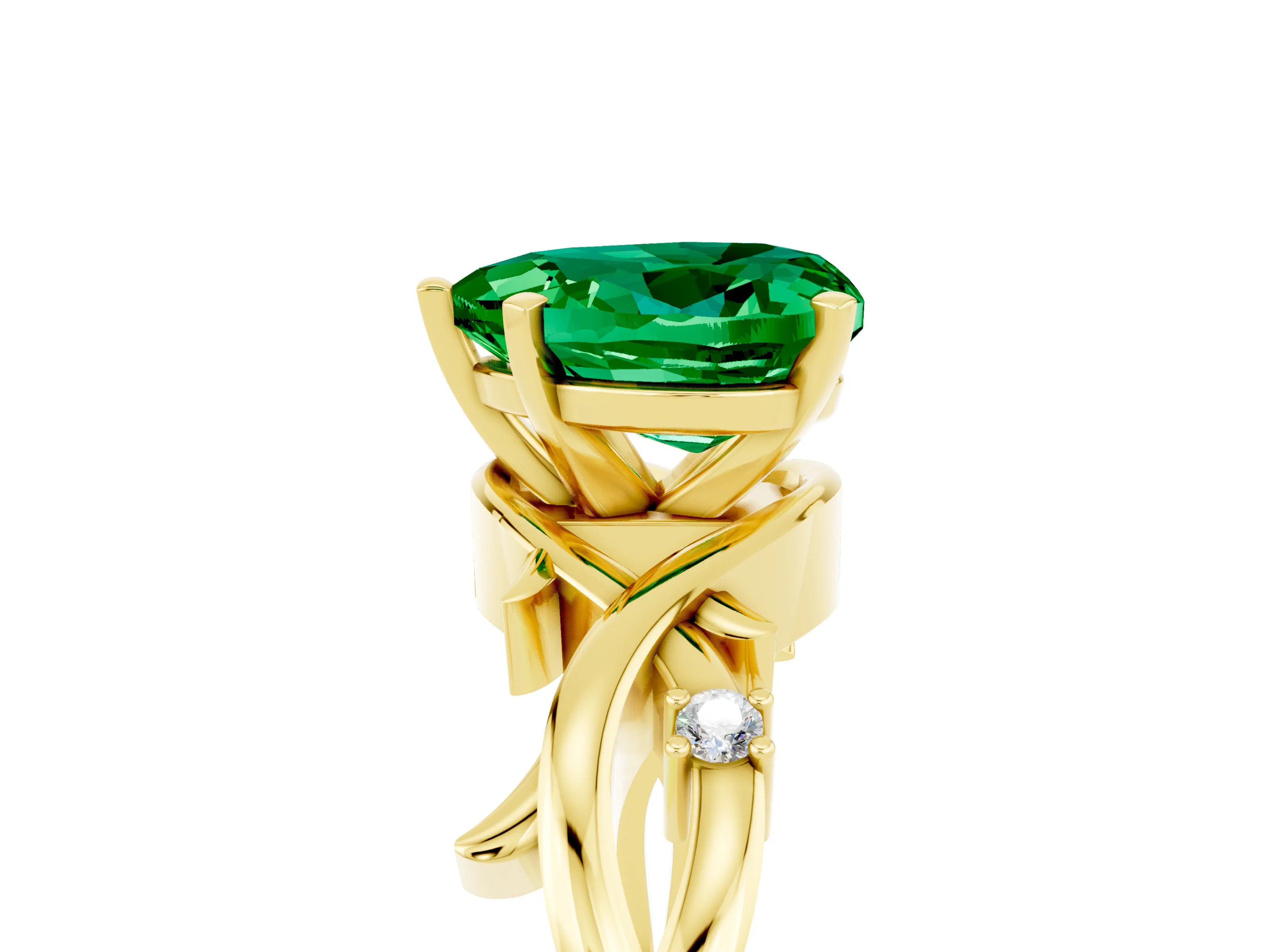 Yellow gold Heart Cut Emerald Solitaire Ring with Twisted Band and Prong Setting_5