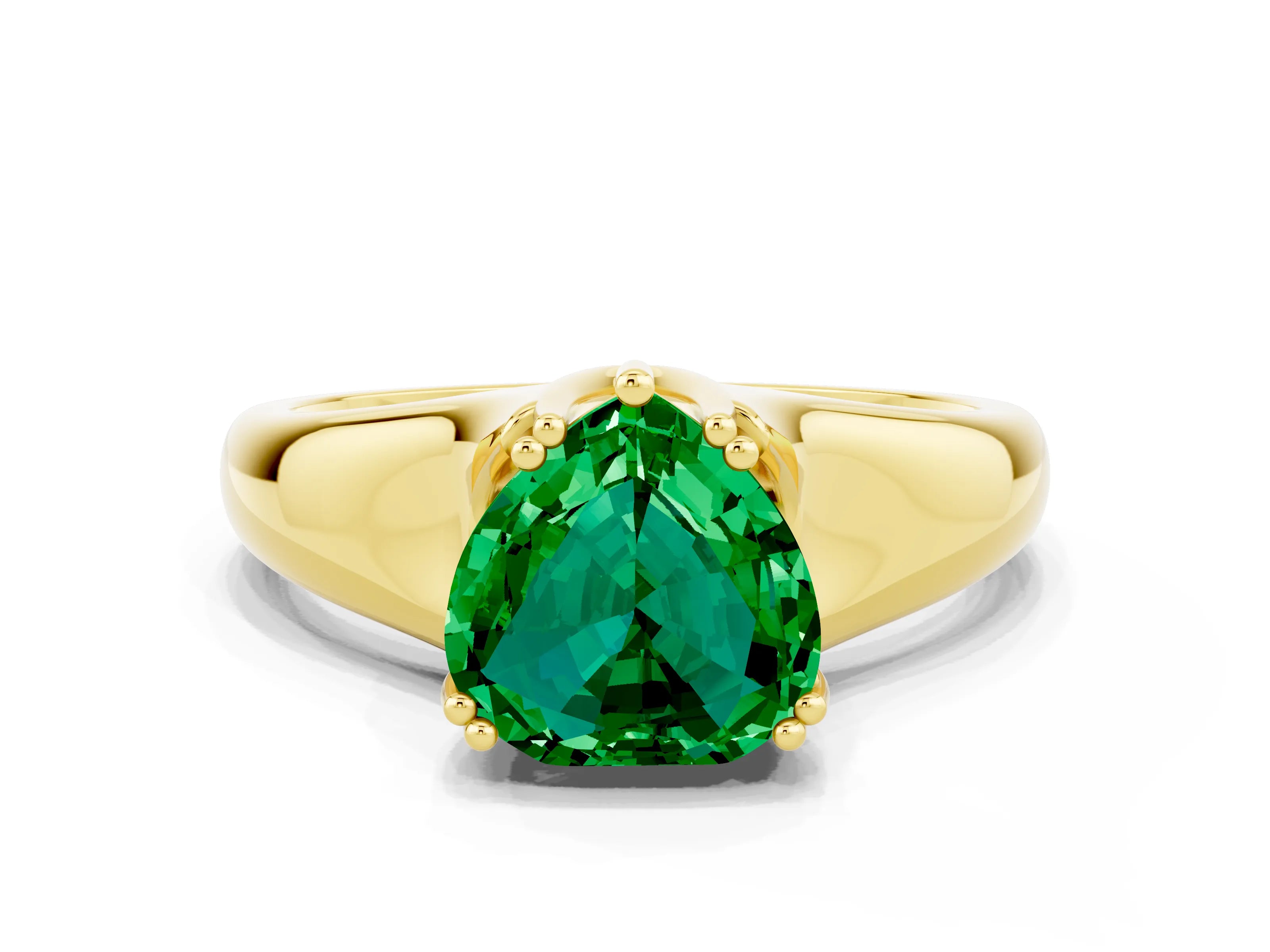 Yellow gold Heart Cut Emerald Solitaire Ring with Wide Band and Prong Setting