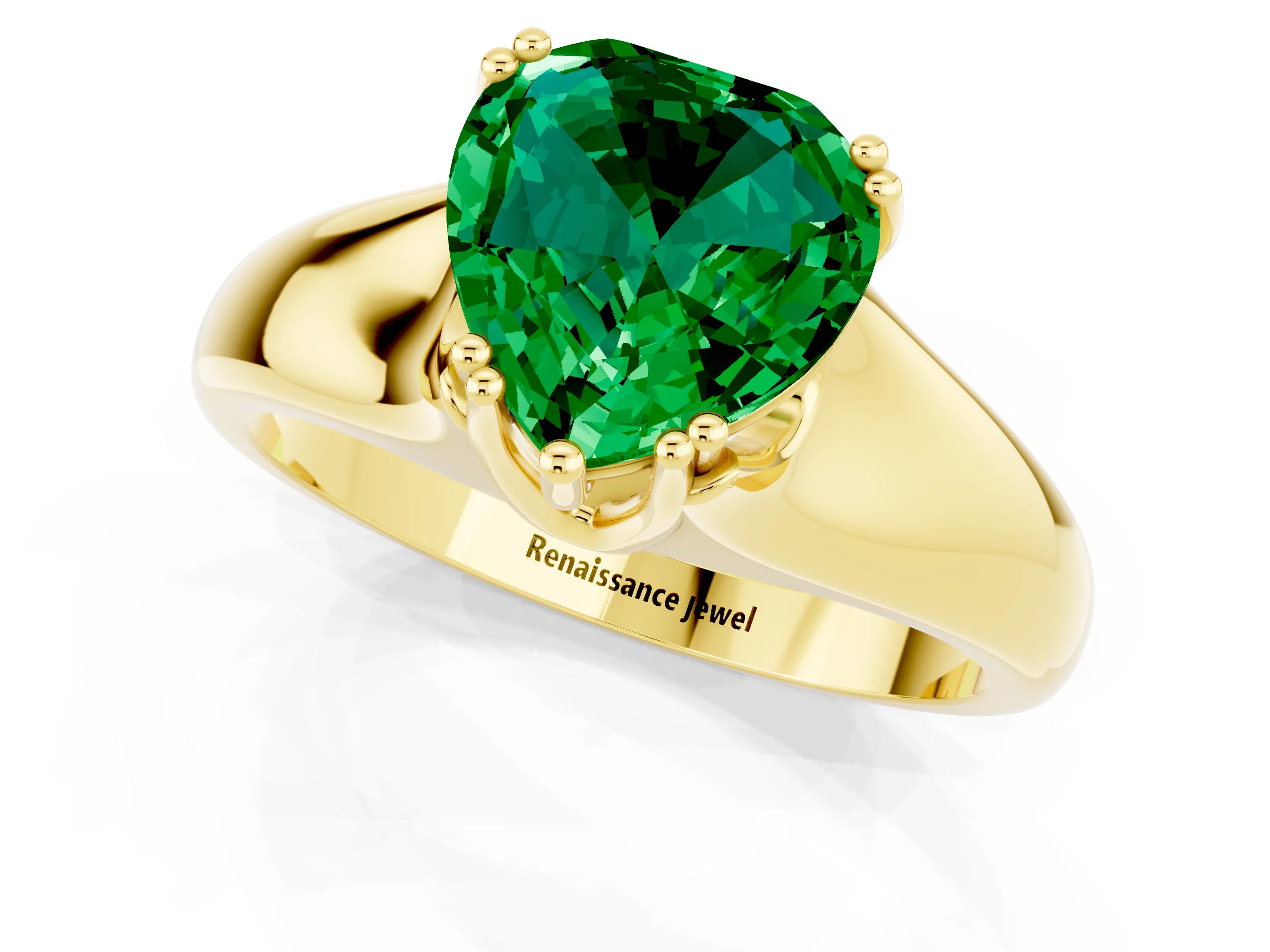 Yellow gold Heart Cut Emerald Solitaire Ring with Wide Band and Prong Setting_1