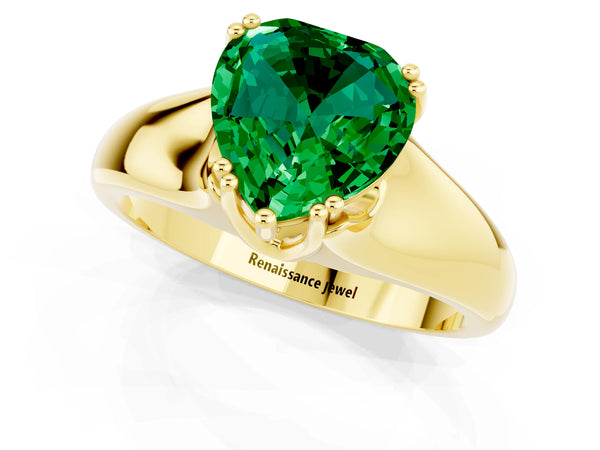 Yellow gold Heart Cut Emerald Solitaire Ring with Wide Band and Prong Setting