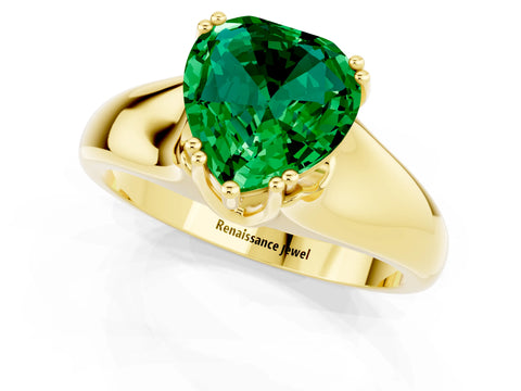 Yellow gold Heart Cut Emerald Solitaire Ring with Wide Band and Prong Setting_1