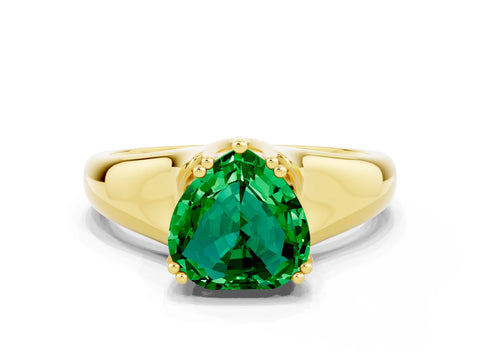 Yellow gold Heart Cut Emerald Solitaire Ring with Wide Band and Prong Setting