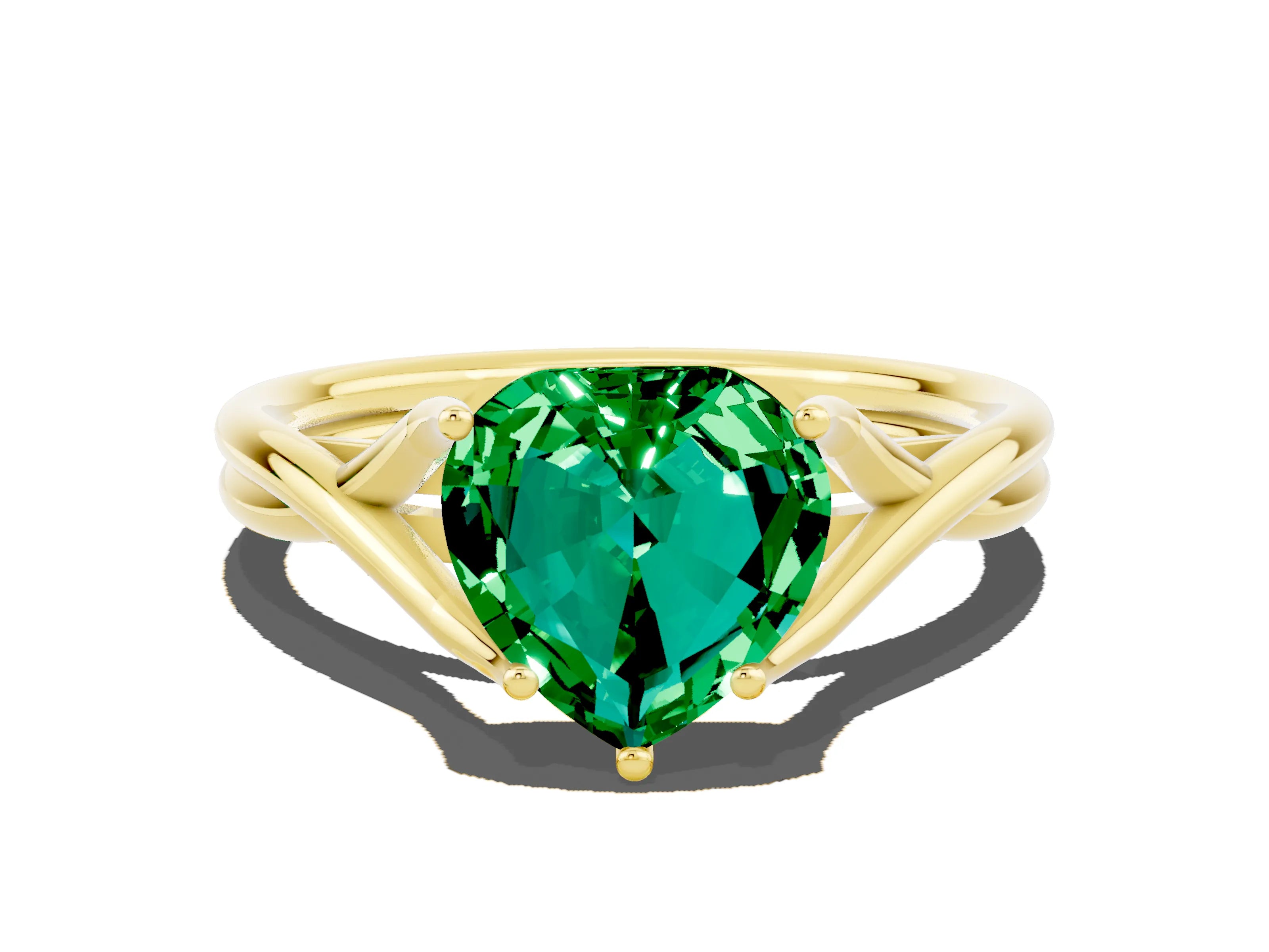 Yellow gold Heart Cut Emerald Solitaire Twist Band Prong Setting Ring_48