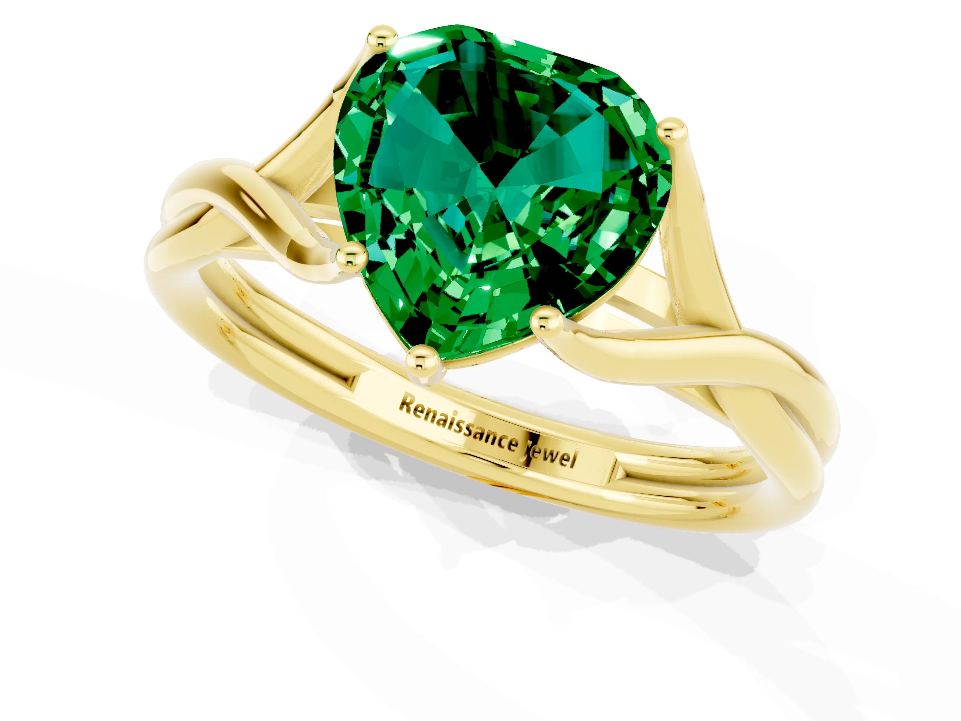 Yellow gold Heart Cut Emerald Solitaire Twist Band Prong Setting Ring_49