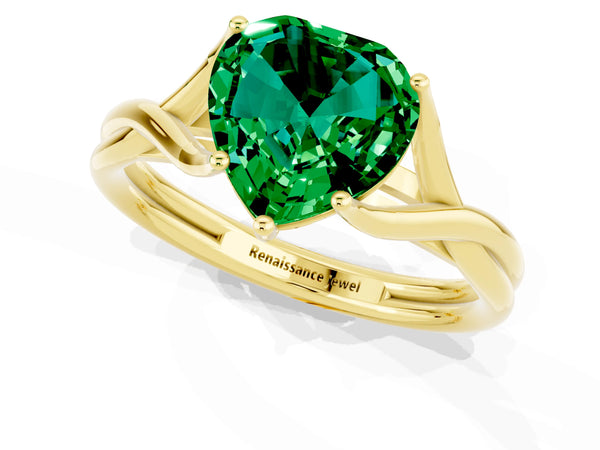 Yellow gold Heart Cut Emerald Solitaire Twist Band Prong Setting Ring
