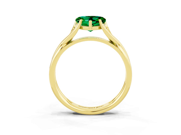 Yellow gold Heart Cut Emerald Solitaire Twist Band Prong Setting Ring