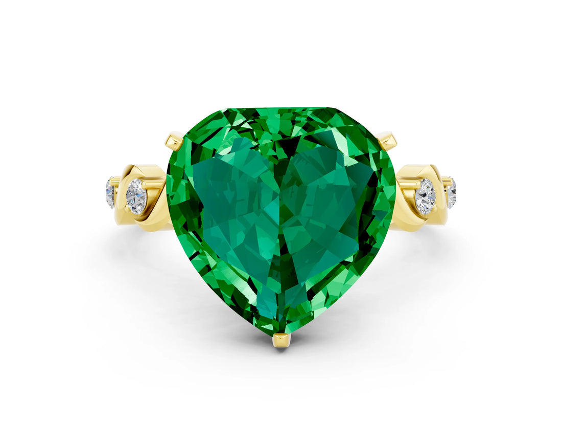 Yellow gold Heart Cut Emerald Solitaire Twisted Band with Round  Accents and Prong Setting_12