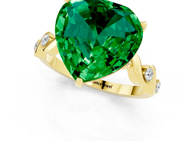 Yellow gold Heart Cut Emerald Solitaire Twisted Band with Round  Accents and Prong Setting