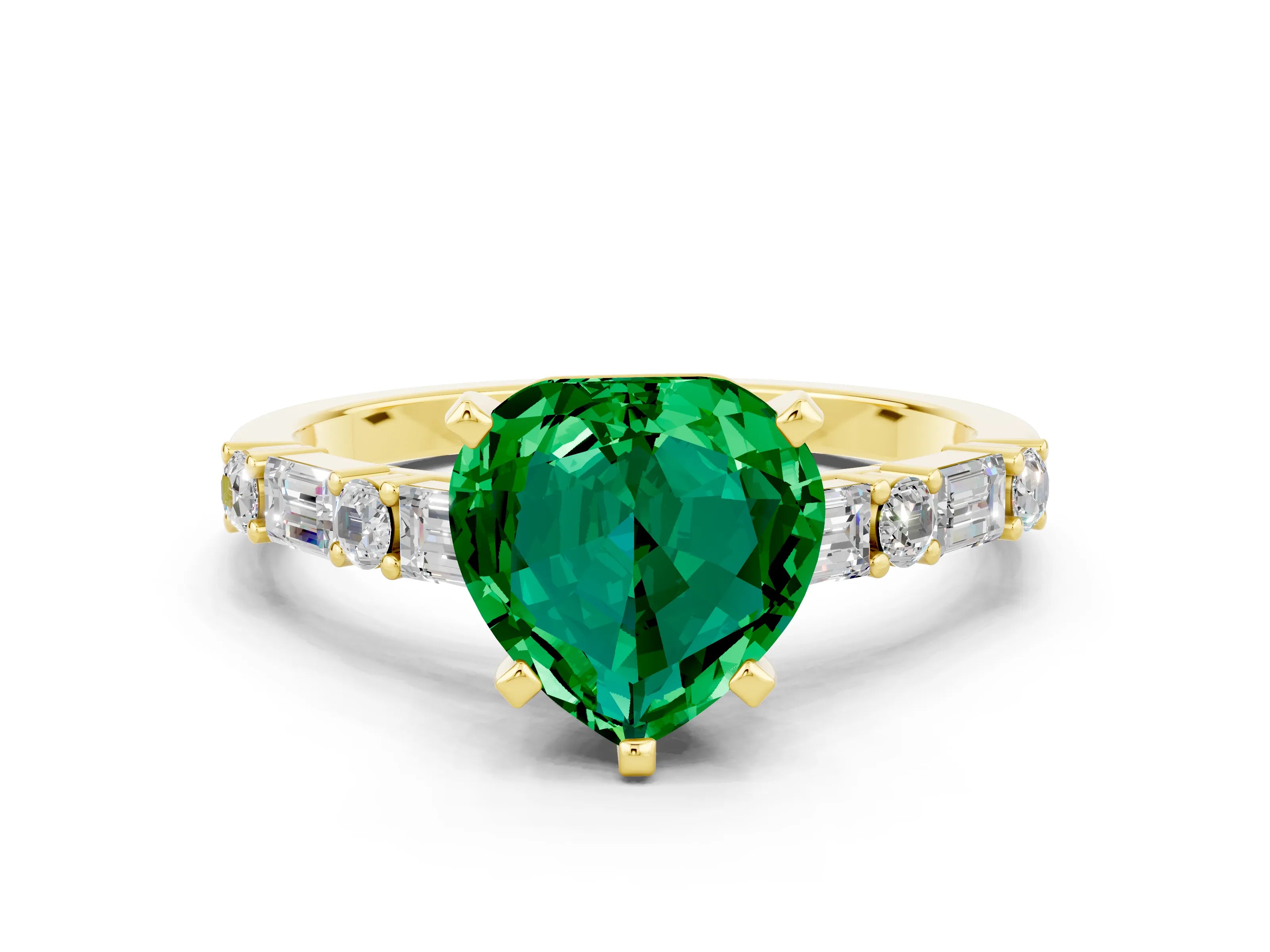 Yellow gold Heart Cut Emerald Solitaire with Side Baguettes and Channel Set Band