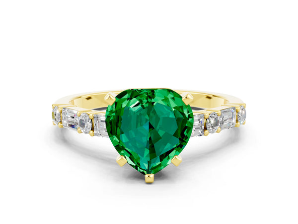 Yellow gold Heart Cut Emerald Solitaire with Side Baguettes and Channel Set Band