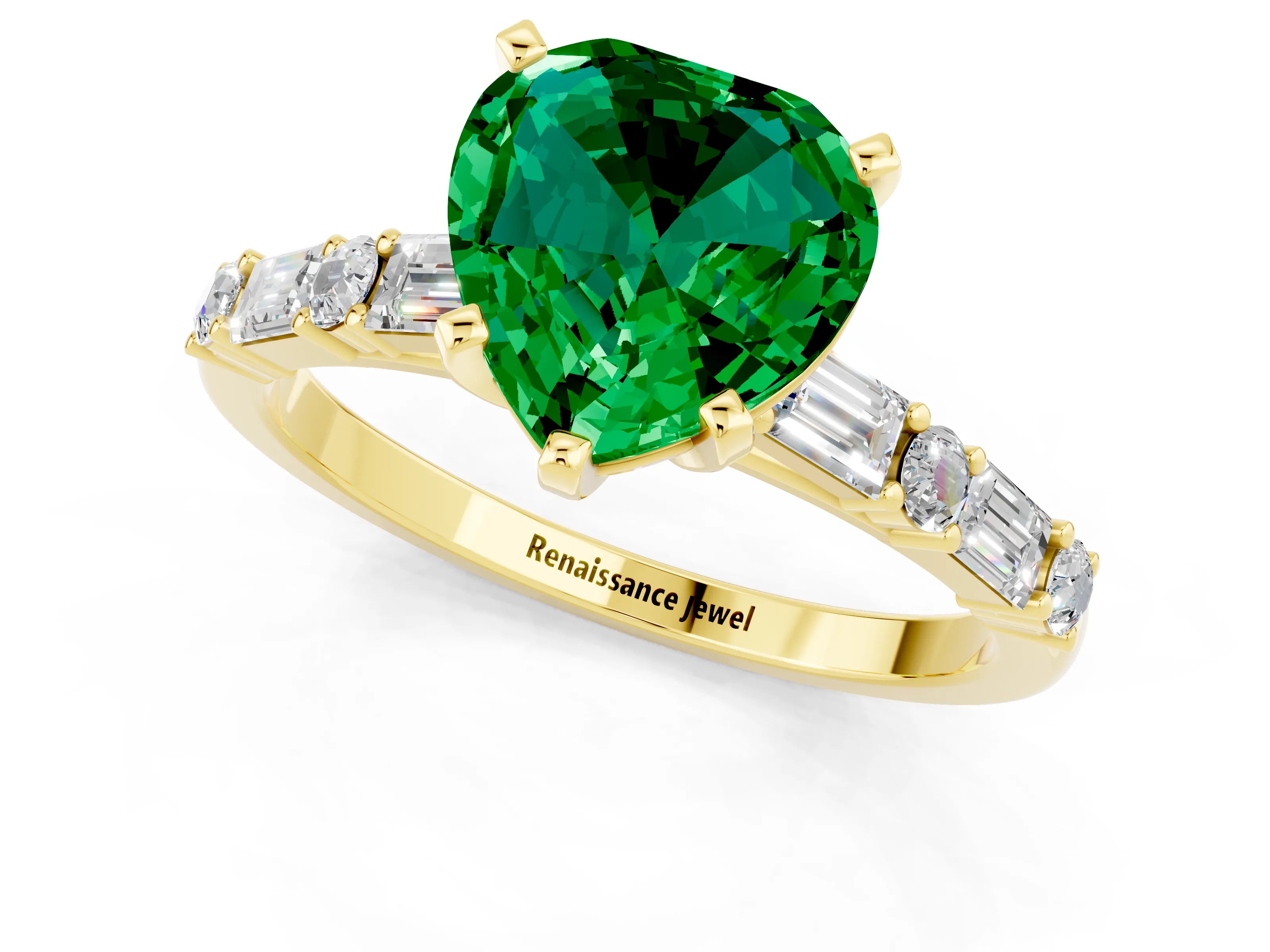 Yellow gold Heart Cut Emerald Solitaire with Side Baguettes and Channel Set Band_1