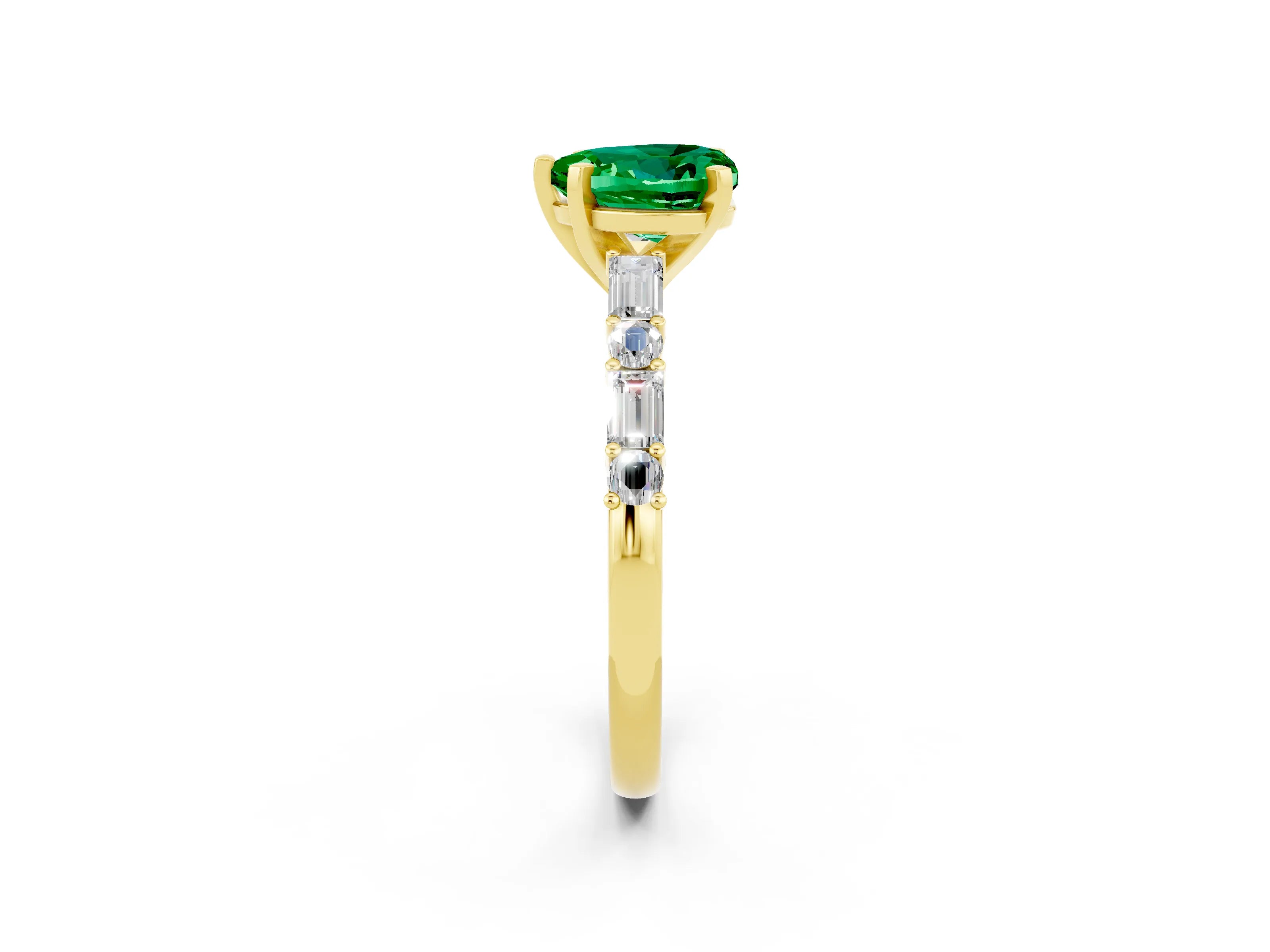 Yellow gold Heart Cut Emerald Solitaire with Side Baguettes and Channel Set Band_2