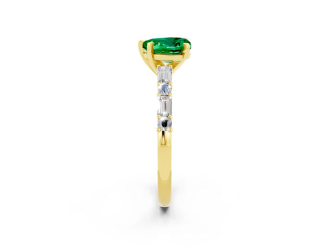 Yellow gold Heart Cut Emerald Solitaire with Side Baguettes and Channel Set Band_2