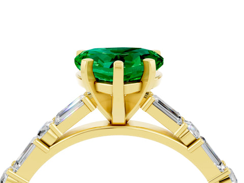Yellow gold Heart Cut Emerald Solitaire with Side Baguettes and Channel Set Band_4