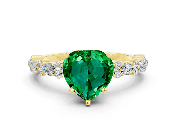 Yellow gold Heart Cut Emerald Side Stone Solitaire Ring with Round  and Four-Prong Setting