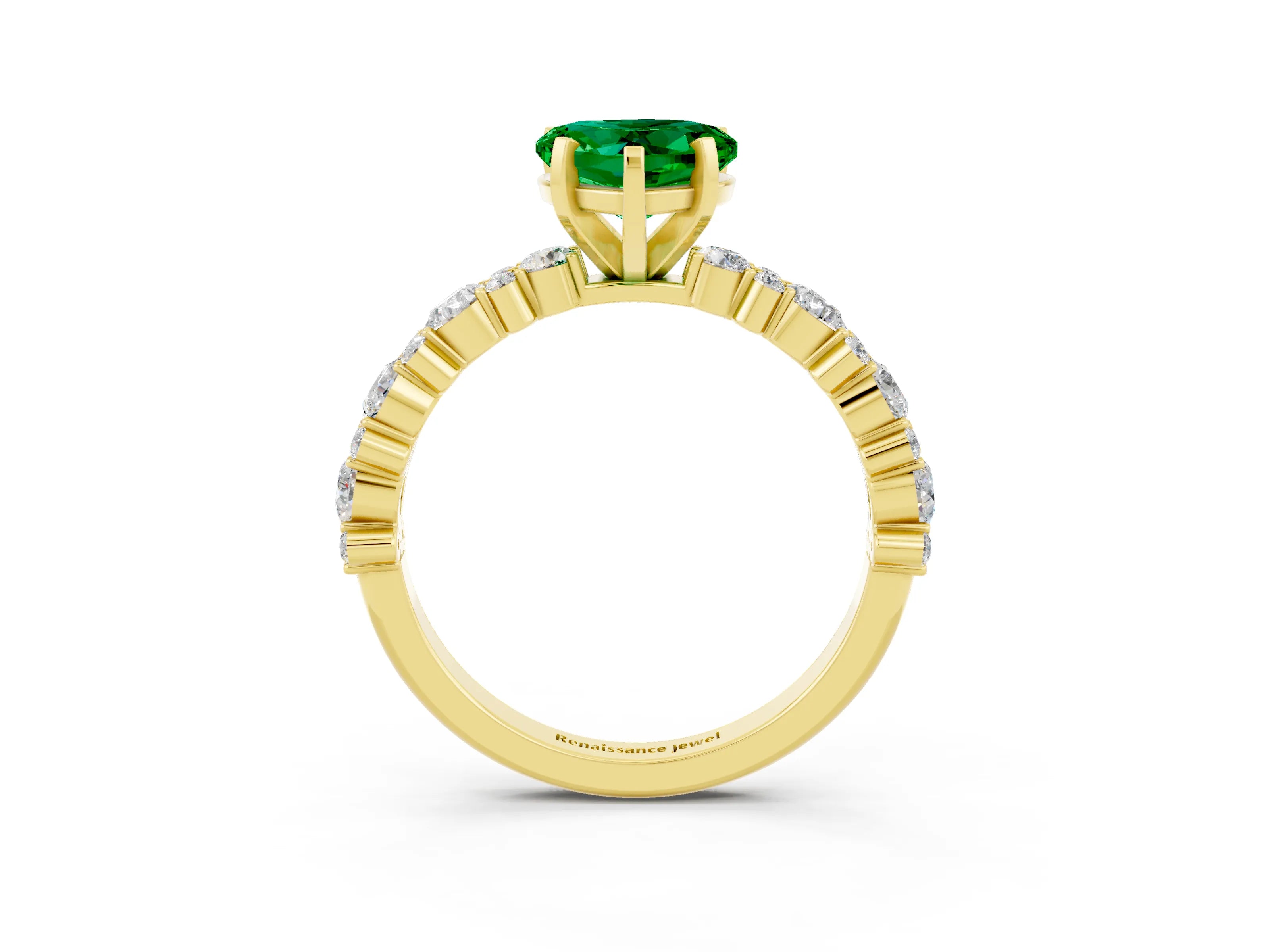 Yellow gold Heart Cut Emerald Solitaire with Side Stones, Pave Band, Four-Prong Setting_27