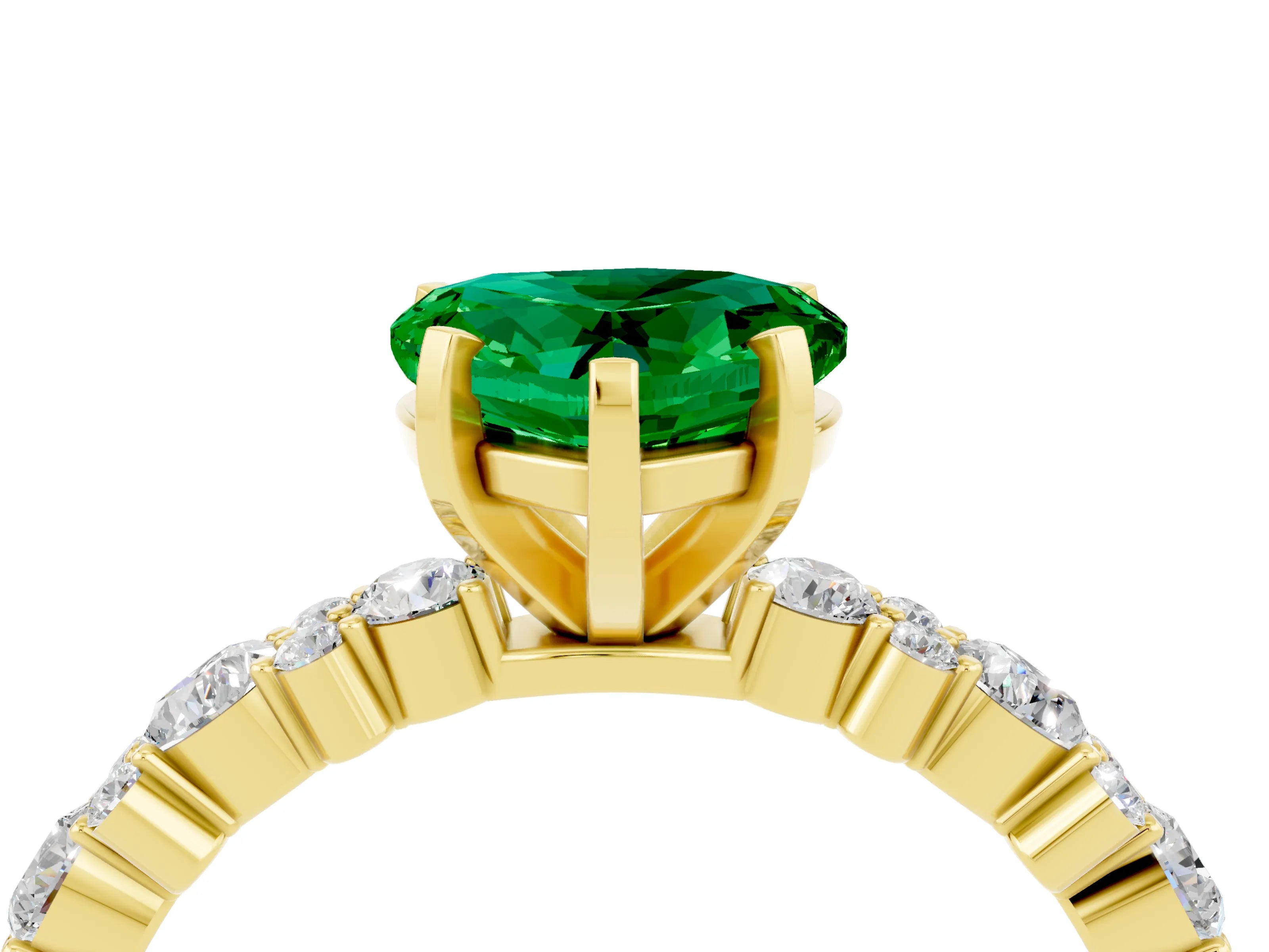 Yellow gold Heart Cut Emerald Solitaire with Side Stones, Pave Band, Four-Prong Setting_28