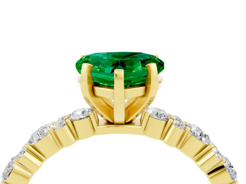 Yellow gold Heart Cut Emerald Solitaire with Side Stones, Pave Band, Four-Prong Setting_28
