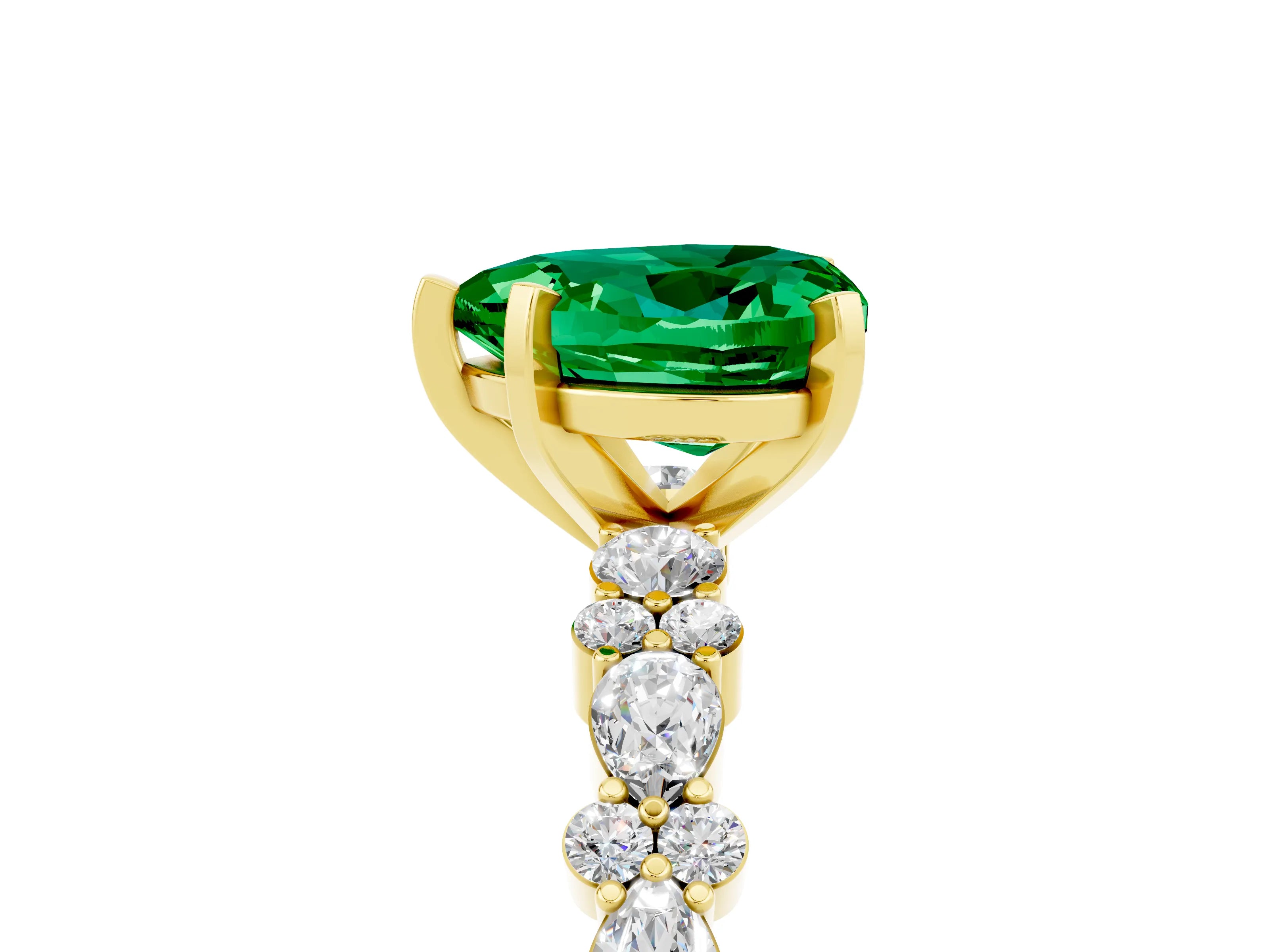 Yellow gold Heart Cut Emerald Solitaire with Side Stones, Pave Band, Four-Prong Setting_29