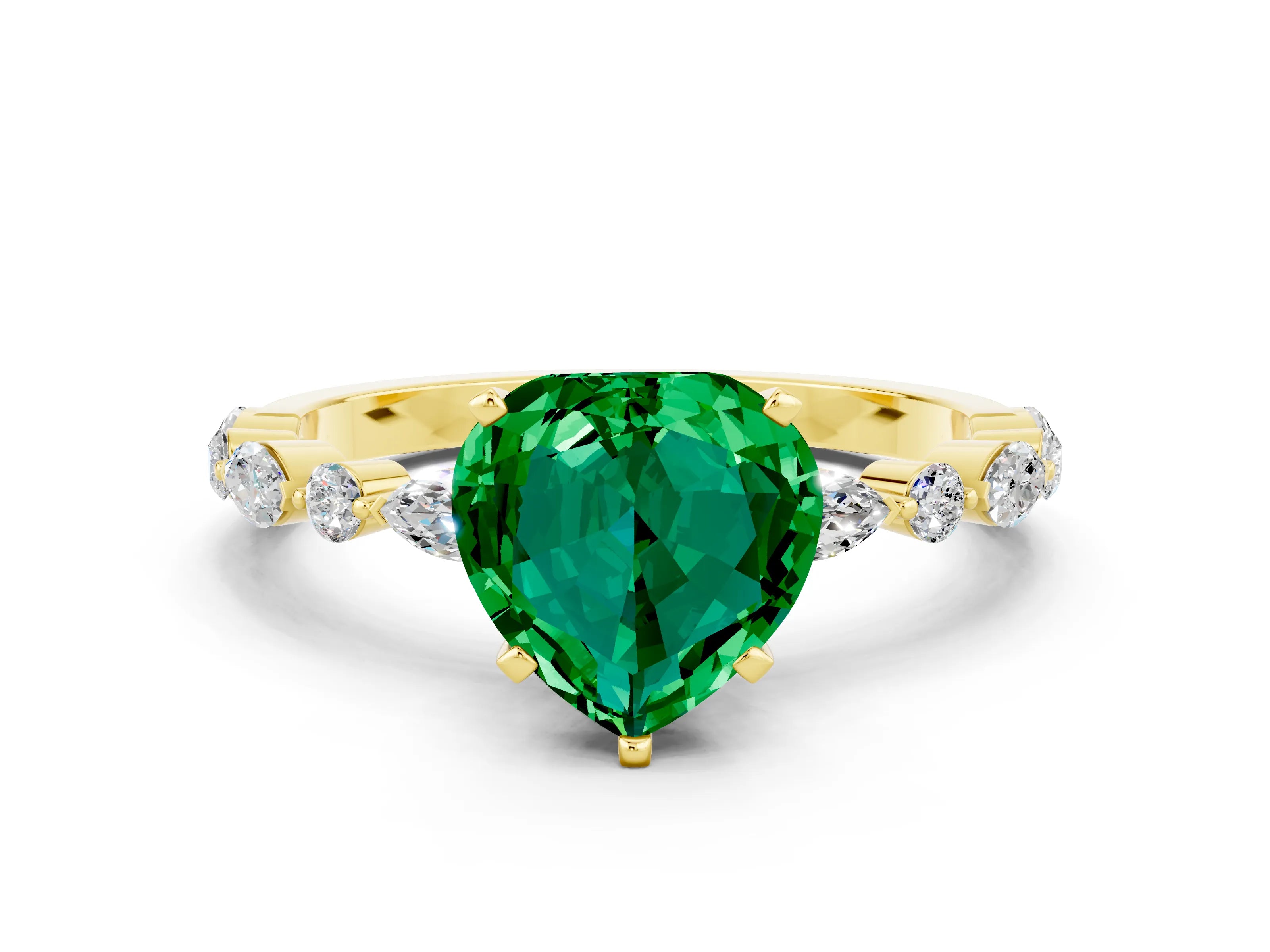Yellow gold Heart Cut Emerald Solitaire with Side Stones on a Pavé Band and Four-Prong Setting