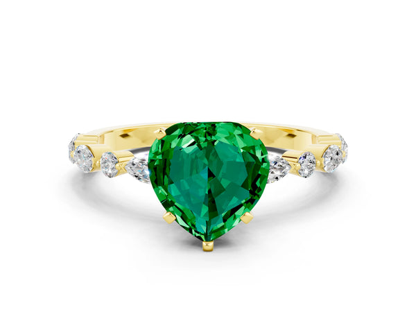 Yellow gold Heart Cut Emerald Ring with Marquise and Round  Side Stones and Four-Prong Setting