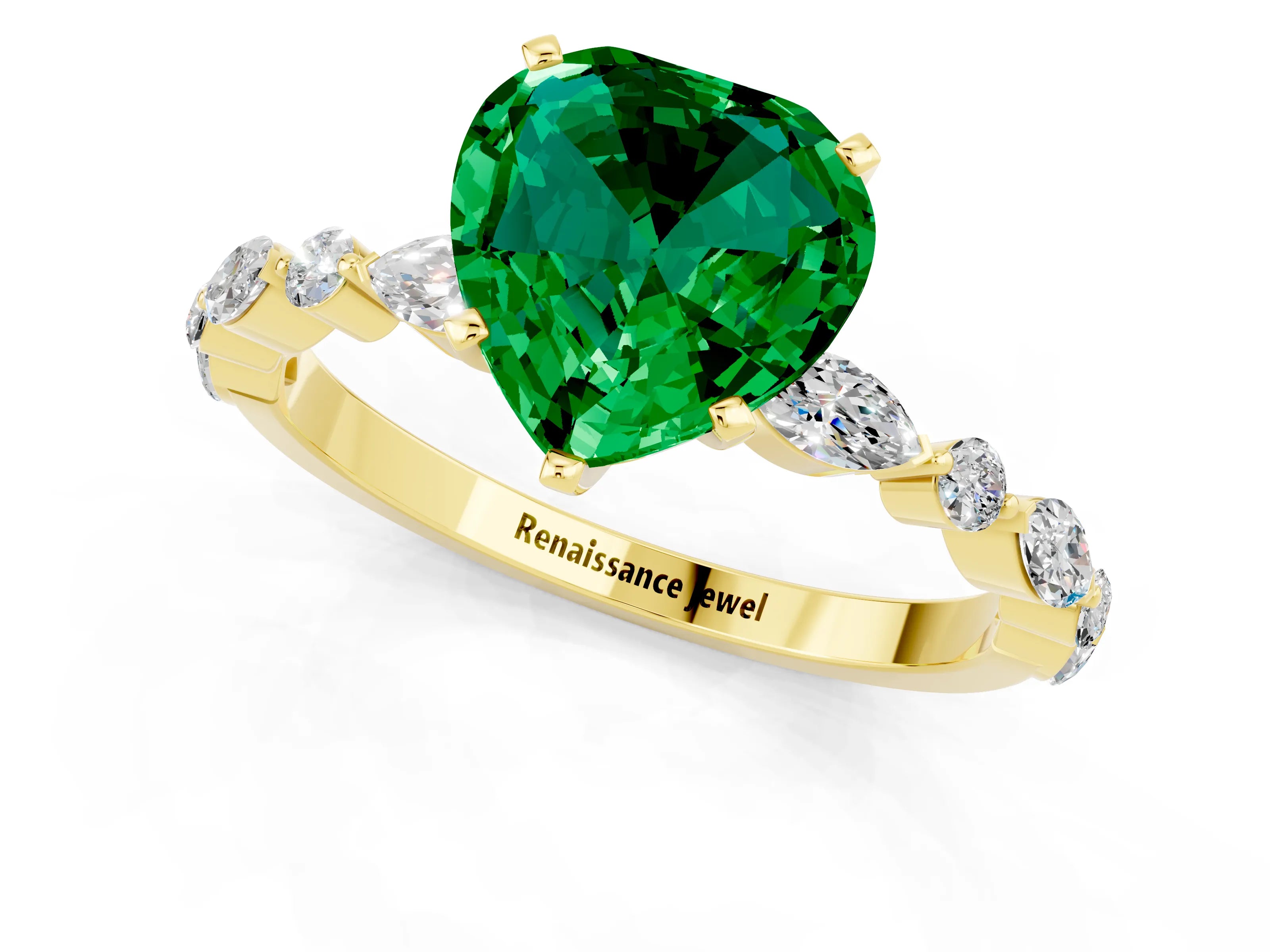 Yellow gold Heart Cut Emerald Solitaire with Side Stones on a Pavé Band and Four-Prong Setting_1