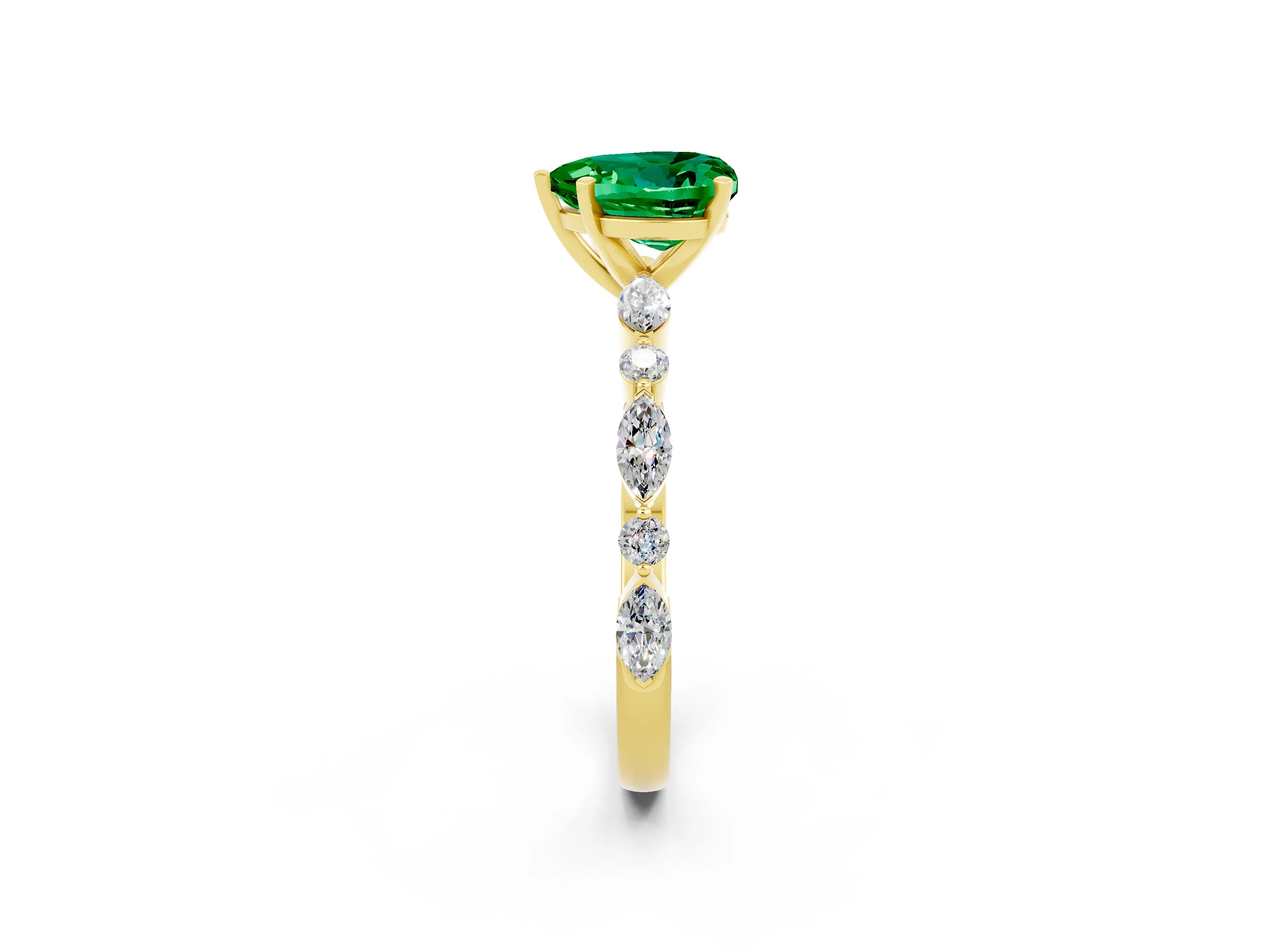 Yellow gold Heart Cut Emerald Solitaire with Side Stones on a Pavé Band and Four-Prong Setting_2
