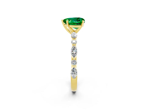 Yellow gold Heart Cut Emerald Solitaire with Side Stones on a Pavé Band and Four-Prong Setting_2