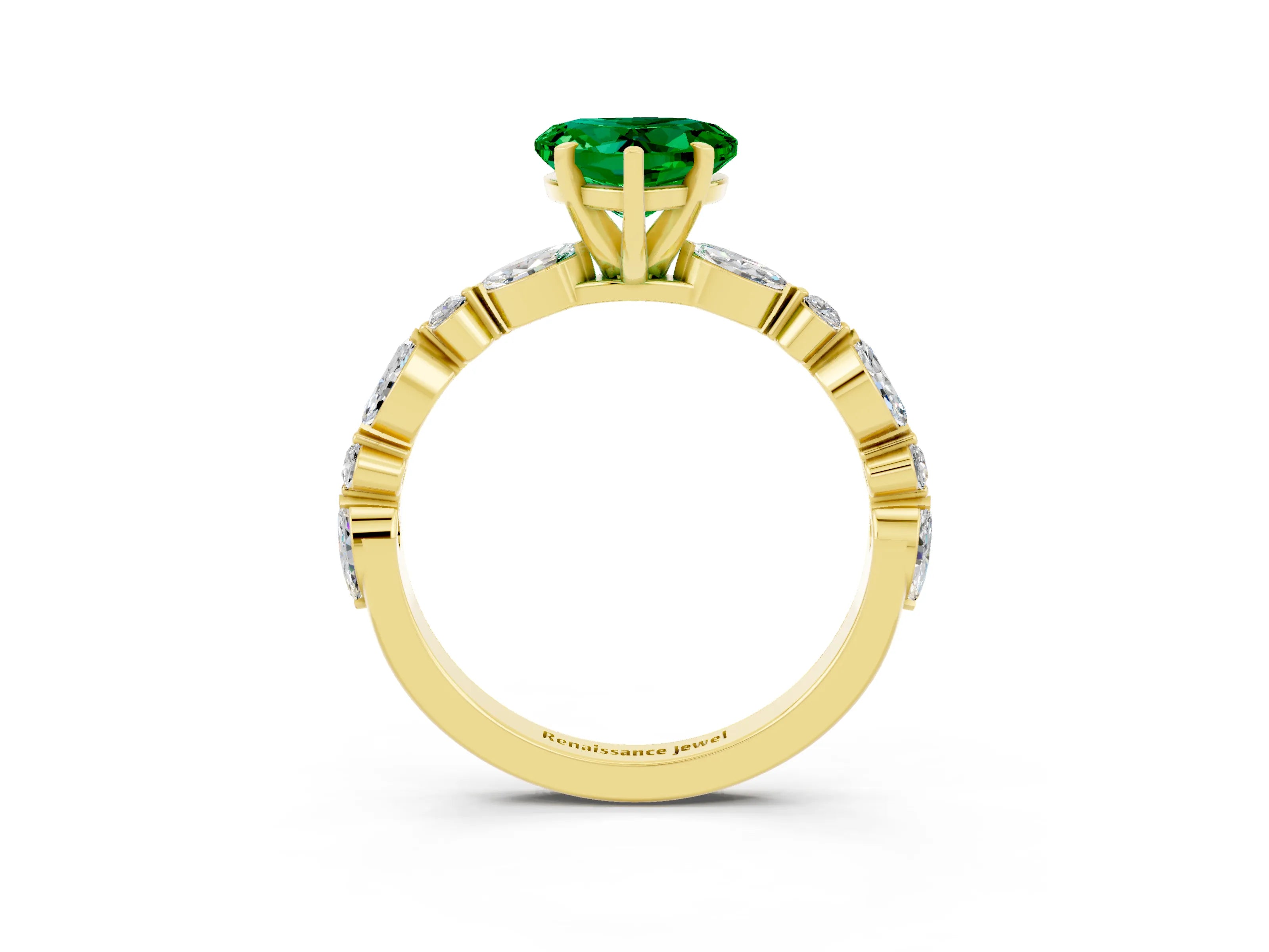 Yellow gold Heart Cut Emerald Solitaire with Side Stones on a Pavé Band and Four-Prong Setting_3