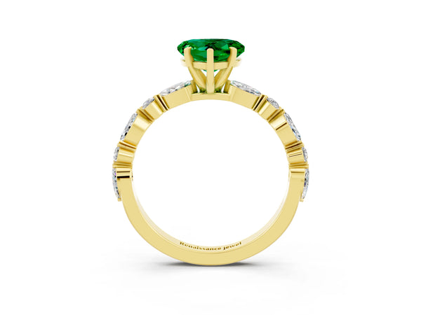 Yellow gold Heart Cut Emerald Ring with Marquise and Round  Side Stones and Four-Prong Setting