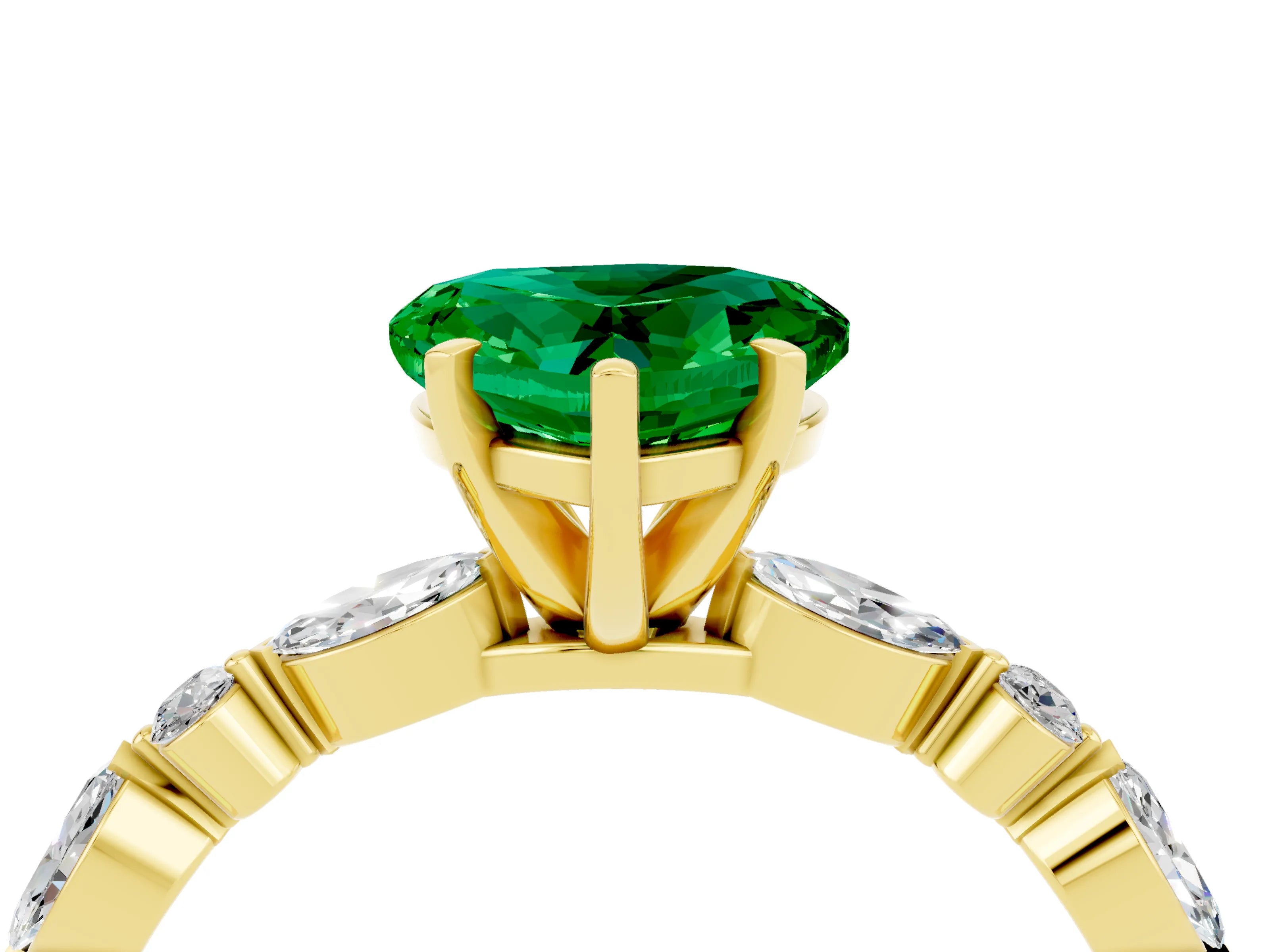 Yellow gold Heart Cut Emerald Solitaire with Side Stones on a Pavé Band and Four-Prong Setting_4