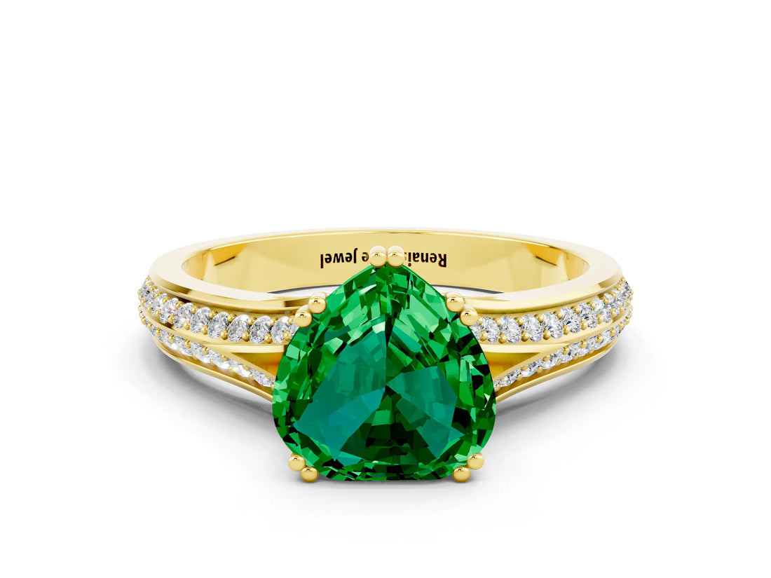 Yellow gold Heart Cut Emerald Split Shank Engagement Ring with Pavé Band