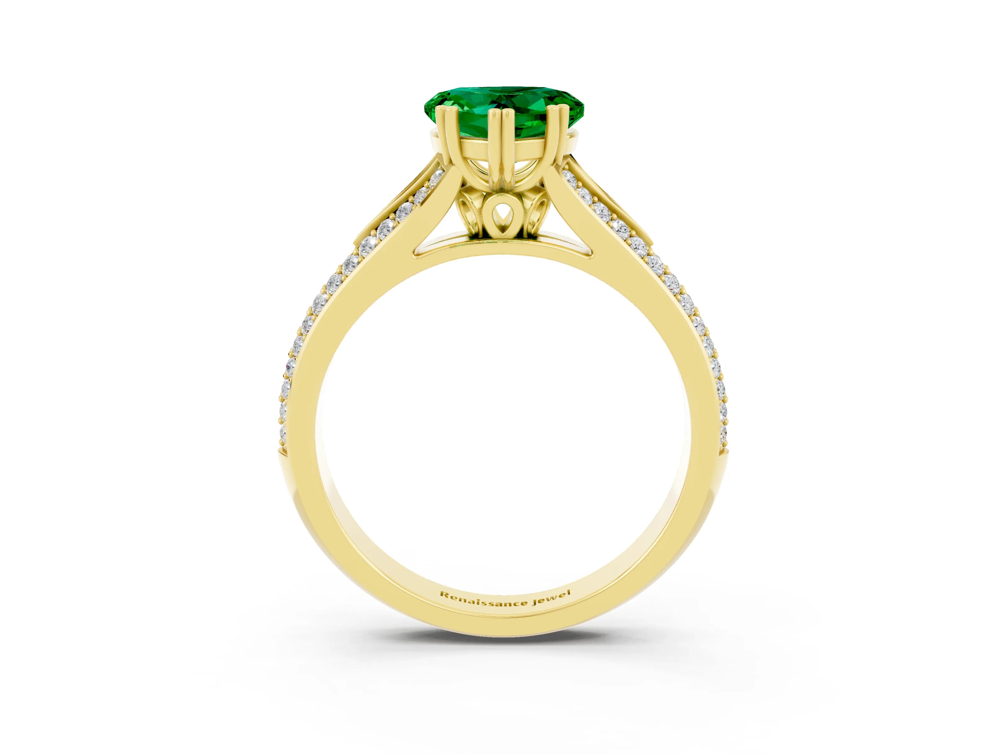 Yellow gold Heart Cut Emerald Split Shank Engagement Ring with Pavé Band_3