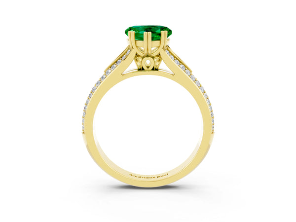 Yellow gold Heart Cut Emerald Split Shank Engagement Ring with Pavé Band