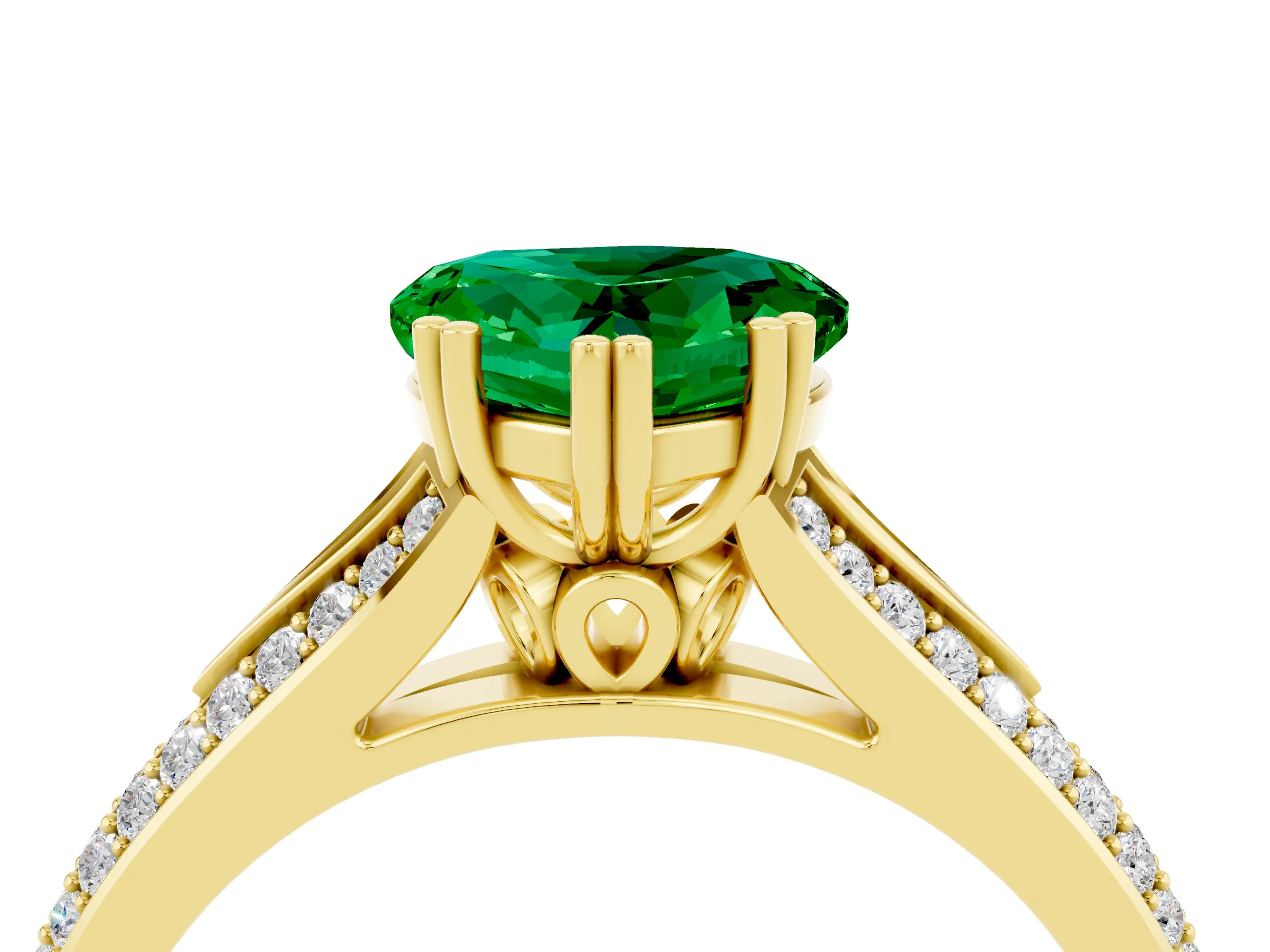 Yellow gold Heart Cut Emerald Split Shank Engagement Ring with Pavé Band_4