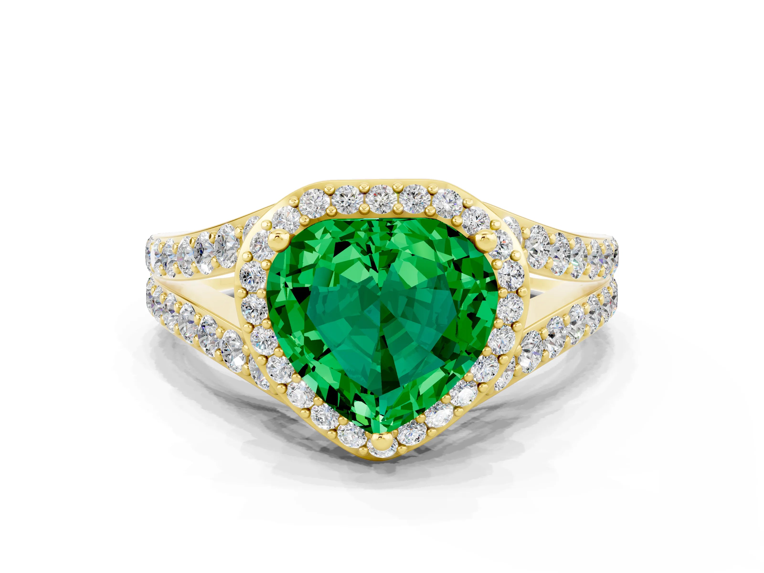 Yellow gold Heart Cut Emerald Split Shank Halo Ring with Four-Prong Setting_12