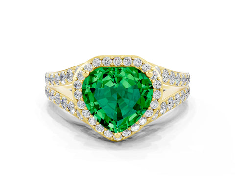 Yellow gold Heart Cut Emerald Split Shank Halo Ring with Four-Prong Setting_12