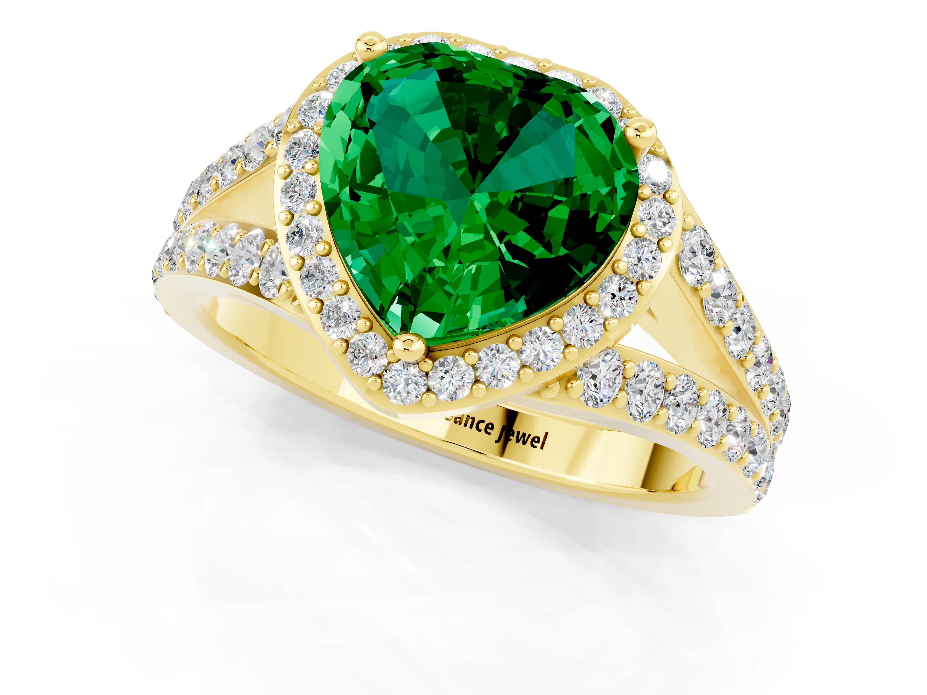 Yellow gold Heart Cut Emerald Split Shank Halo Ring with Four-Prong Setting_13