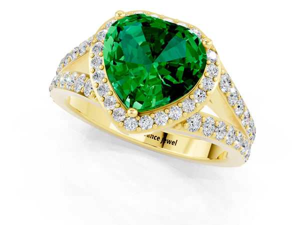 Yellow gold Heart Cut Emerald Split Shank Halo Ring with Four-Prong Setting