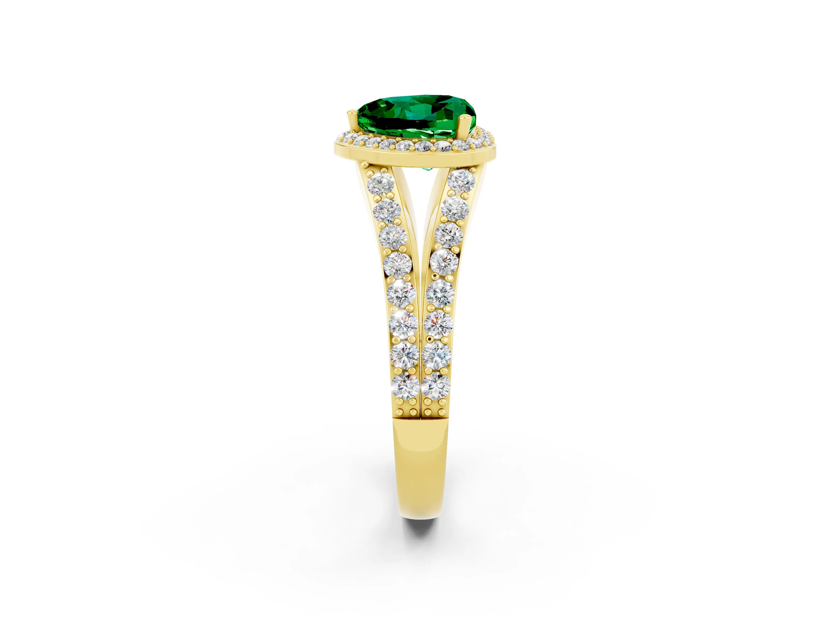 Yellow gold Heart Cut Emerald Split Shank Halo Ring with Four-Prong Setting_14