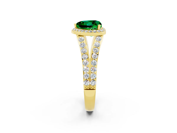 Yellow gold Heart Cut Emerald Split Shank Halo Ring with Four-Prong Setting